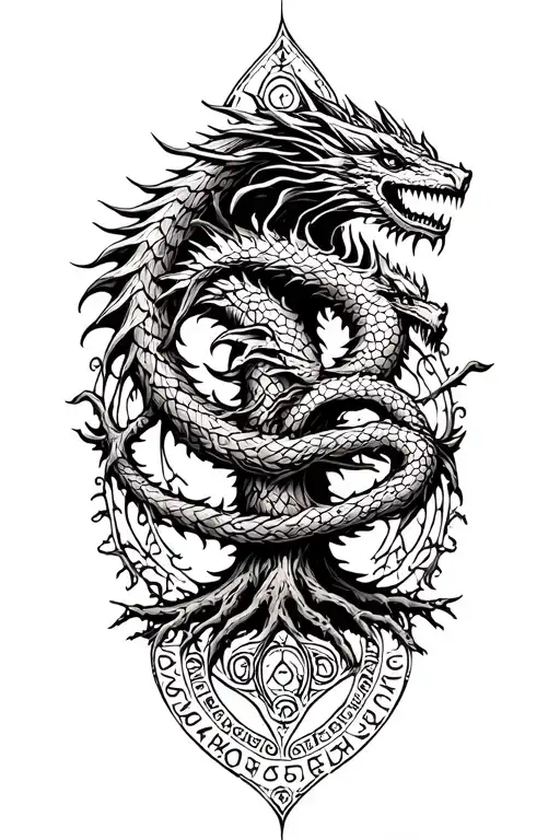 nordic tree of life with a nordic dragon wrapped around and runes surrounding it tattoo design idea
