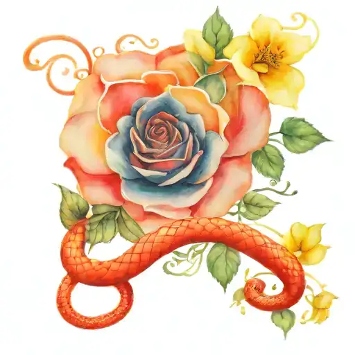 Red snake intertwined within roses tattoo design idea