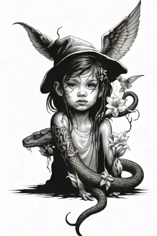 kid angel, kid devil flying, lily flowers, branches and leaves around them, and under that a snake and lilys around tattoo design idea