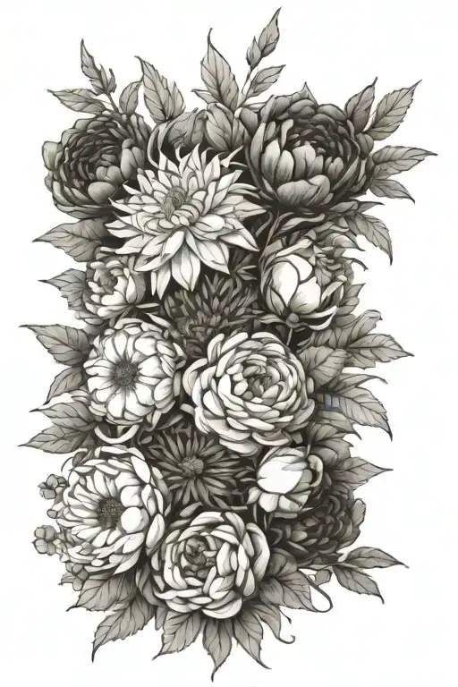 flower bouquet of daisies, marigolds, hawthorns, and peonies tattoo design idea