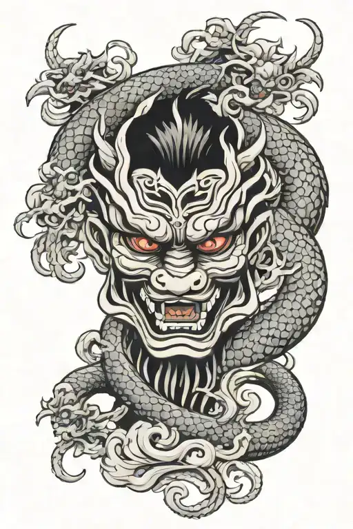 a hanya mask on the forearm overlapping a Japanese dragon on the entire arm, and a hanya mask on the biceps, against a smoky background tattoo design idea