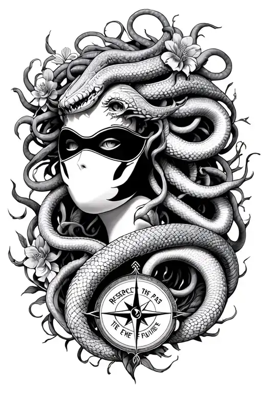 medusa snakes wearing a (mask), vines and flowers, compass with the words "respect the past, create the future" tattoo design idea
