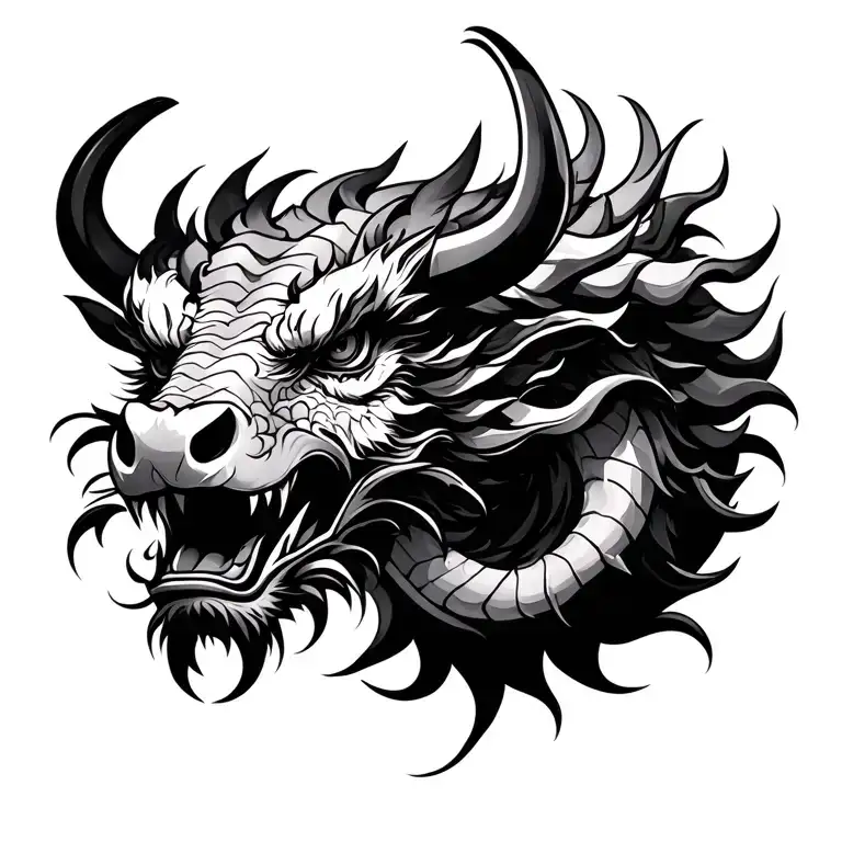 Asian dragon and ox head tattoo design idea
