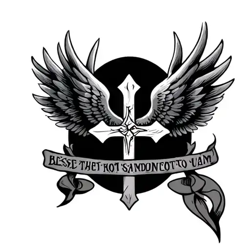 cross with  mirages and wings and blessed text  tattoo design idea