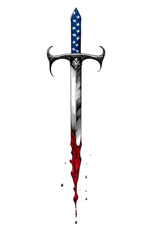blood dripping and usa flag and long blade tattoo design idea