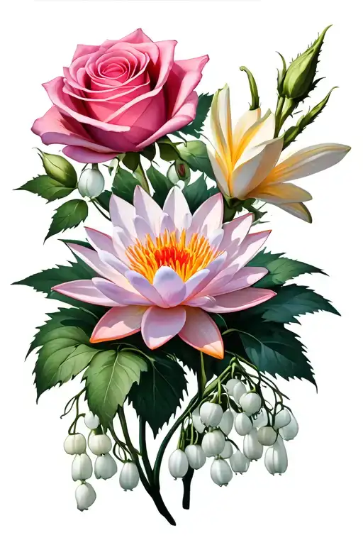 1 Waterlilly flower, 1 rose, 2 lily of the valley flowers, 1 aster flower, 1 marigold flower: dark background and shadin tattoo design idea