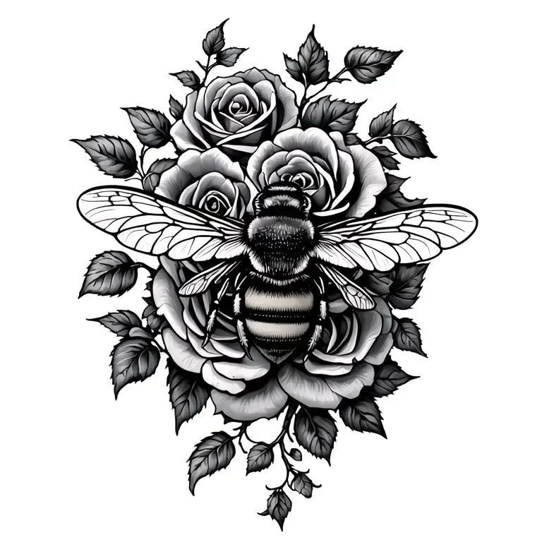 Bee flying around vine of roses with trail  tattoo design idea