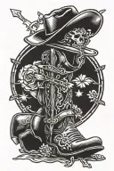 cross with cowboy hate and boots tattoo design idea
