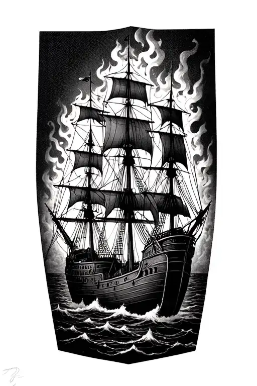 multiple Spanish galleons on fire flames tattoo design idea