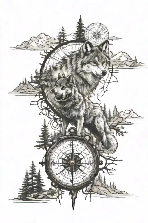 forest landscape wolf warrior forest landscape compass  tattoo design idea