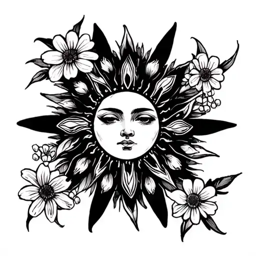 Sun tattoo in black ink with rays made of Lily of the Valley, Larkspur, Cosmos, Daisy, and Iris flowers. no face tattoo design idea