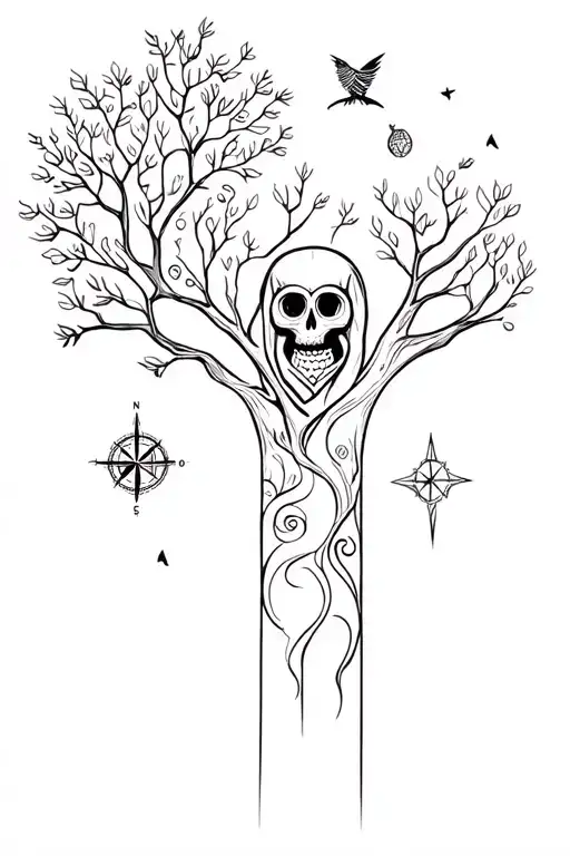 mexican skull, life tree, compass and owl sitting tattoo design idea