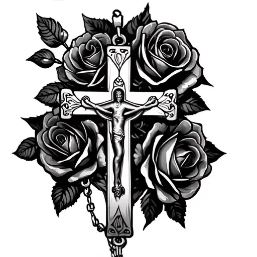rosary with big cross and roses in the background tattoo design idea