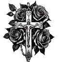 rosary with big cross and roses in the background tattoo design idea