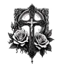 rosary with big cross and roses in the background tattoo design idea