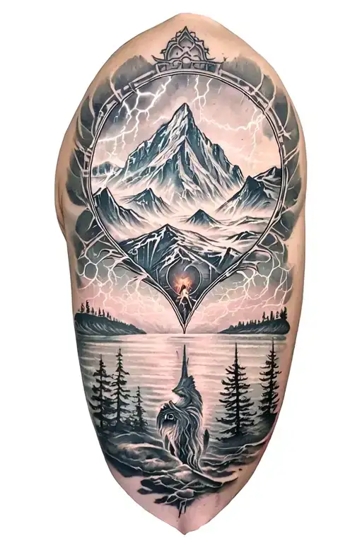 fjord and lightining storm and vegvisir and nature tattoo design idea