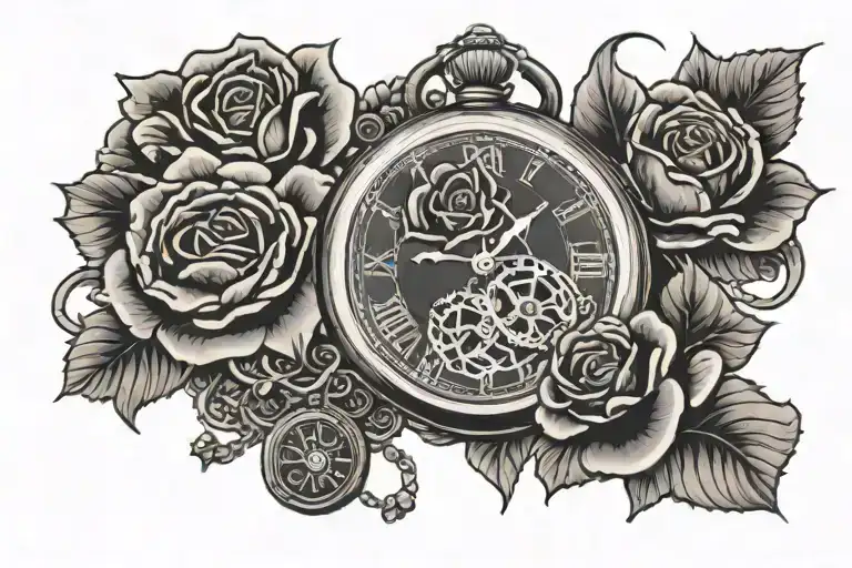 pocket watch and rose tattoo design idea