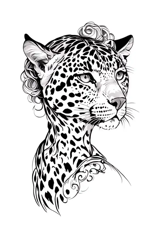 leopard looking back side profile traditional lady head tattoo design idea