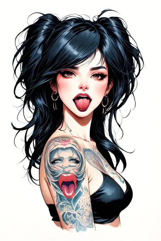 Successful woman focused on her big and sexy breasts with forked tongue out and piercing tattoo design idea