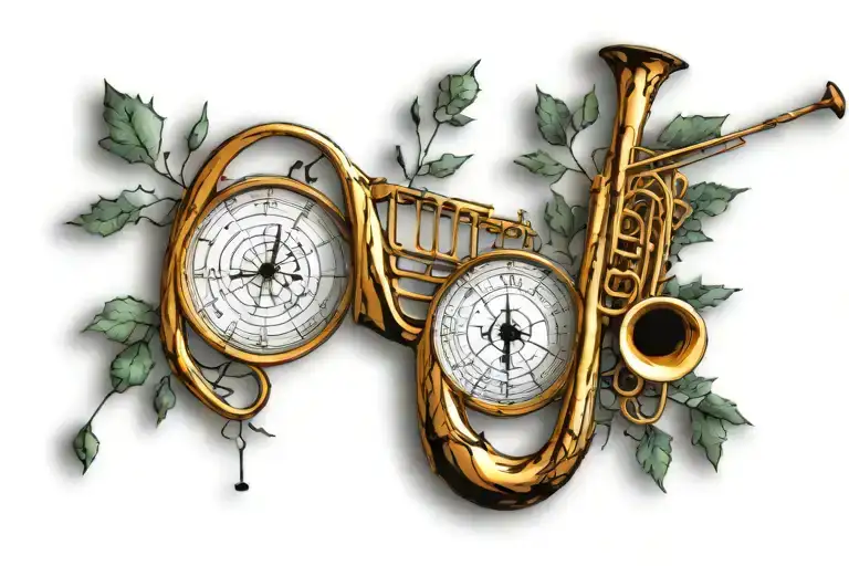 Forest, tree, moon Phase, Music, notes, trumpet, cyrcel,  tattoo design idea