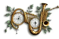 Forest, tree, moon Phase, Music, notes, trumpet, cyrcel,  tattoo design idea