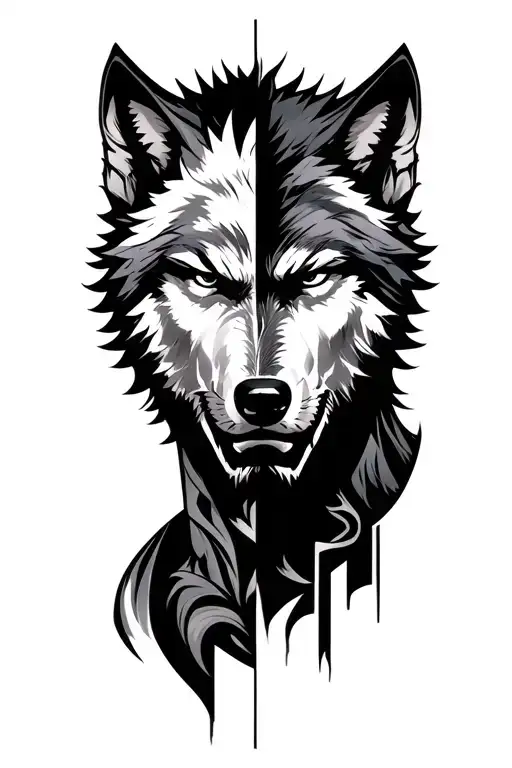 a powerful muscular man merging with a wolf spirit, half-human half-wolf face, intense expression, black and grey realis tattoo design idea