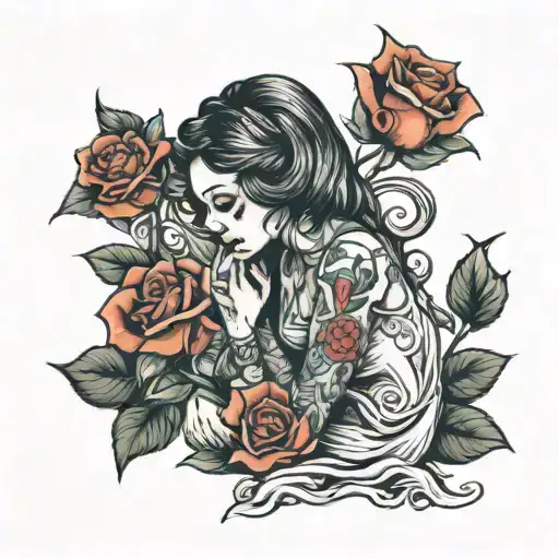 Girl on knees with rose head tattoo design idea