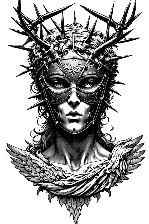 themis goddes of justice, visible bust, angelic body horror demonic face, with eyes blindfolded by iron mask with thorns tattoo design idea