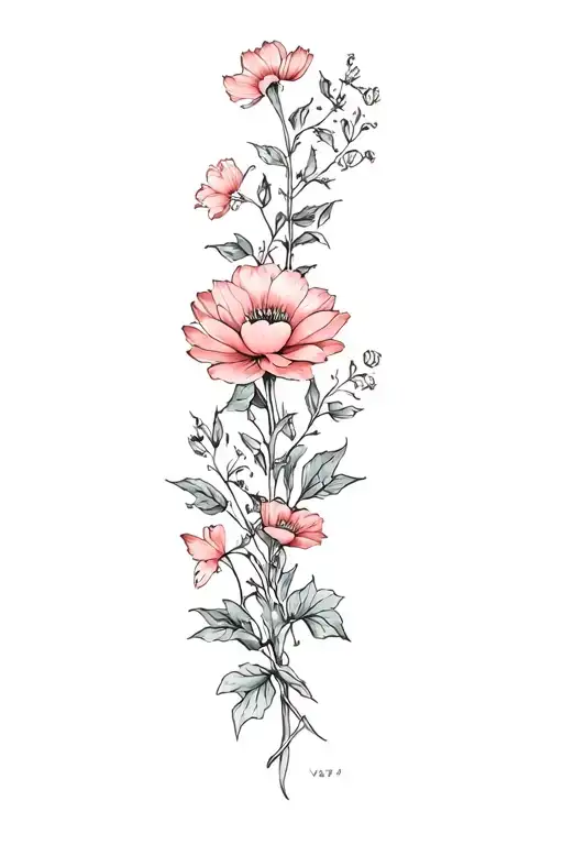spine tattoo of hawthorn, sweet pea, water lilly, marigold, honeysuckles, carnation, poppy tattoo design idea