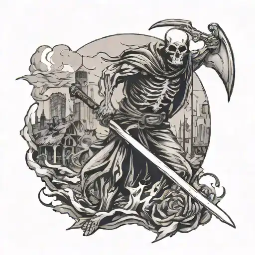Death with a scythe against the backdrop of a destroyed city tattoo design idea