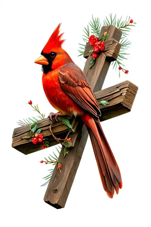american cardinal perched on a chritian cross tattoo design idea
