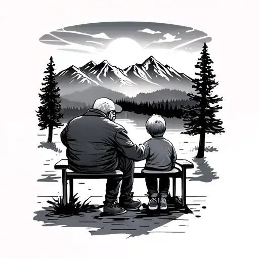 a grandpa and grandson sitting watching sunrise wasatch mountains from garage tattoo design idea