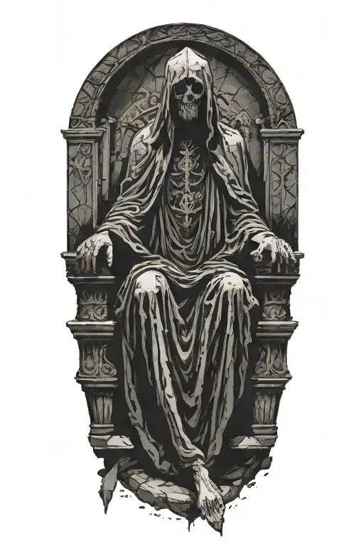 A dark robed figure sitting on a throne of stone. In an underground cathetral tattoo design idea