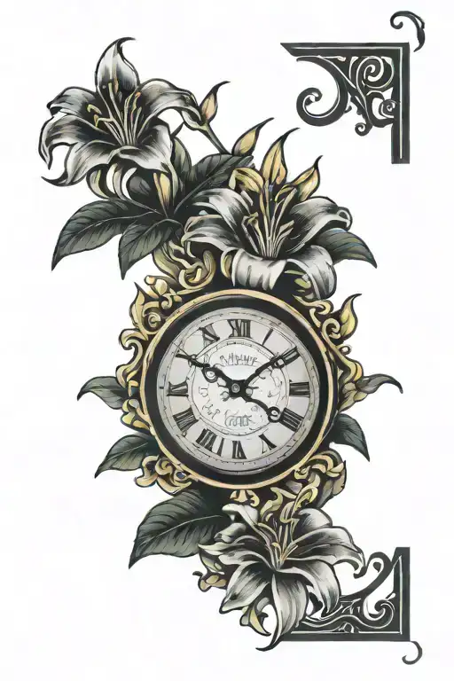 roman numeral clock 4:44  lillies blooming tattoo design idea