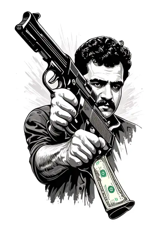 pablo escobar money gun, wanted tattoo design idea