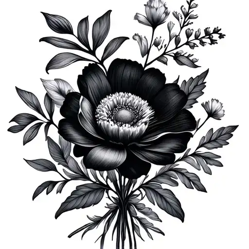 February,April,June,August,September,October Birth month flowers in a bouquet with no color  tattoo design idea