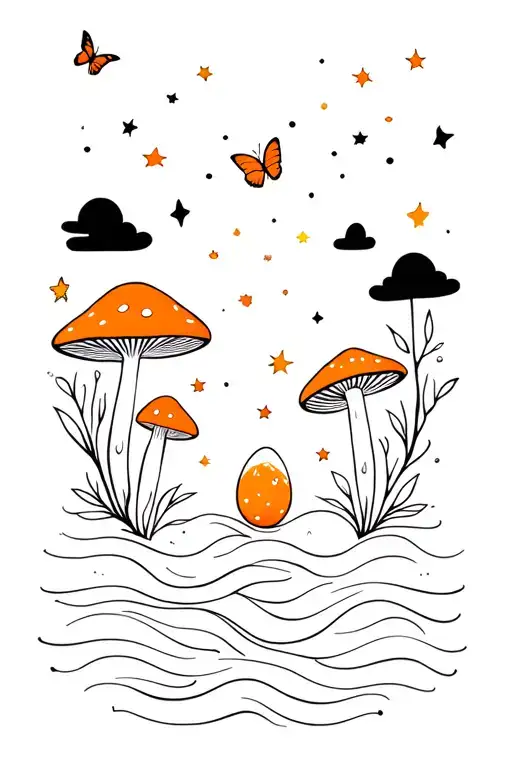 minimalist style with mushrooms, stars, clouds, little butterflies, something related to the universe, Venus, egg, waves tattoo design idea