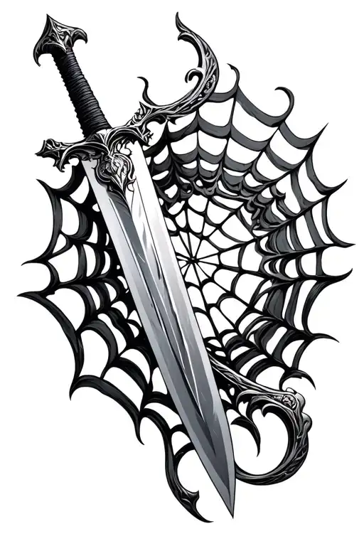 fantasy sword with the 'web of wyrd' visually overlapping the blade tattoo design idea