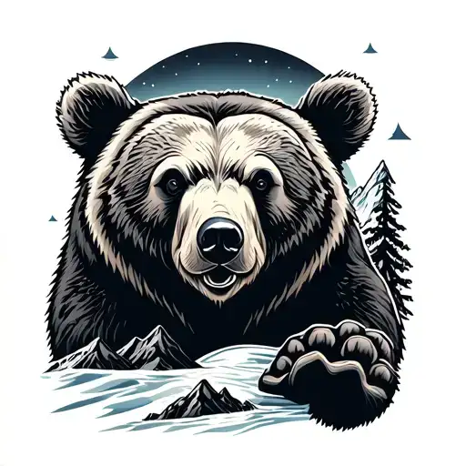 bear in bear paw and mountains inside tattoo design idea