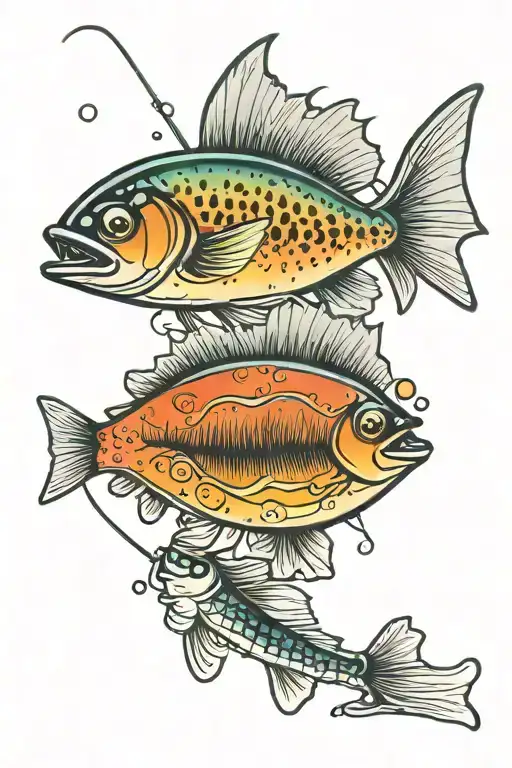 fishing lure with women ice fishing inside with a sunset  tattoo design idea