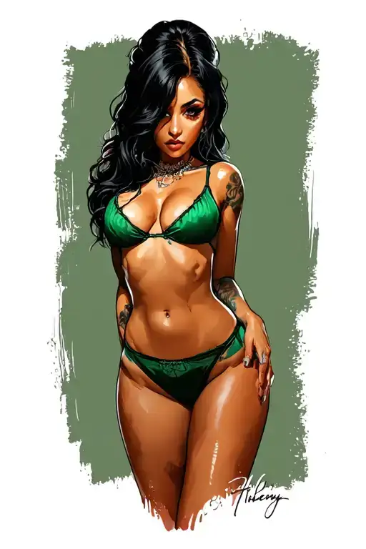 Sexy girl, petite, small boobs, wide hips,  Green Thong .sexual. Seductive. bending over showing bottom tattoo design idea