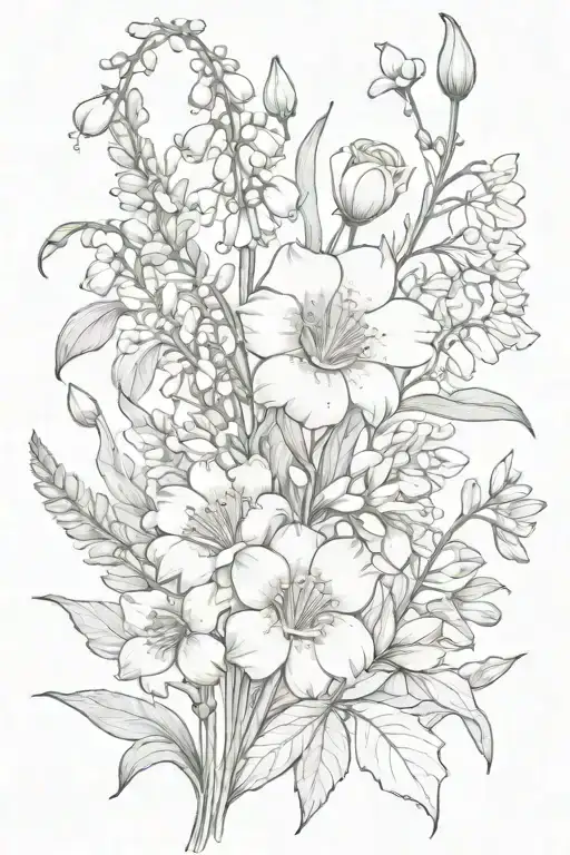 lily of valley,daisy,sweat pea,lily,poppy,aster,morning glory,water lily,carnation,rose, hawthorn,comos flower bouquet  tattoo design idea