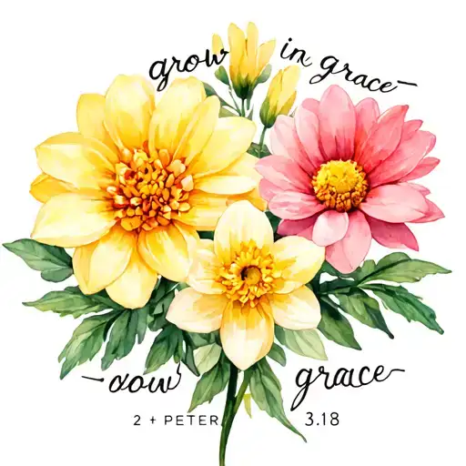 design a tattoo that says "grow in grace - 2 peter 3:18" that includes a photo of a chrysanthemum, a daffodil, a cosmos, tattoo design idea