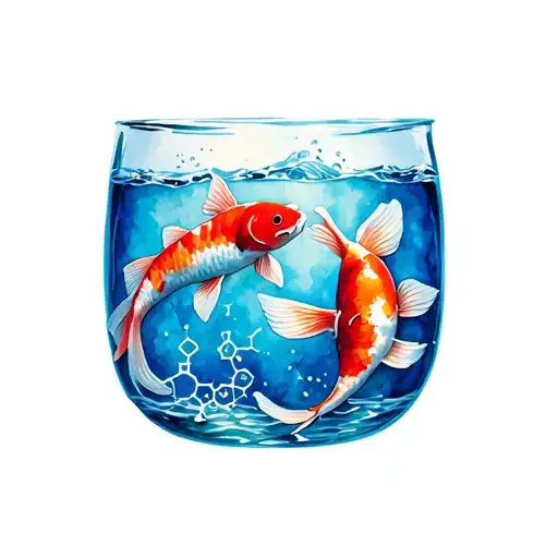 a serotonine molecule with koi fish swimming inside of it tattoo design idea