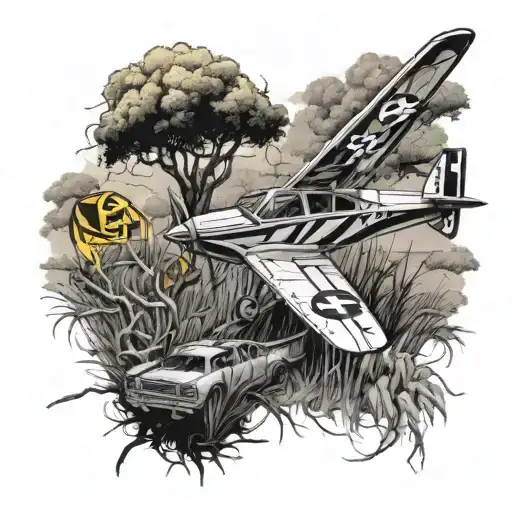 crashed yellow crop duster, tall tree in the background with branches snapped from collision, green knee length grass tattoo design idea