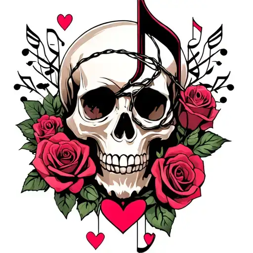 music note,skull,roses,hearts,barb wire wraped tattoo design idea