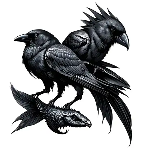 dark art tattoo with Fiji mermaid and crows tattoo design idea