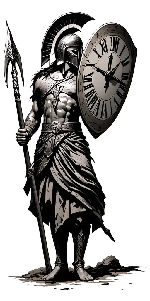 spartan warrior with helmet and hand on spear and shield. roman buildings and clocks with roman numeral.  tattoo design idea