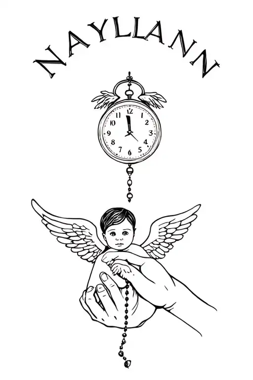 "NAYLANN" African baby angel with wings and clock showing 00:40 and a hand holding a rosary tattoo design idea