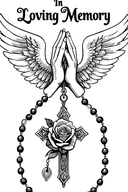 "In Loving Memory" Praying Hands, Rosary beads intertwined with cross, Wings, Realism, Rose tattoo design idea